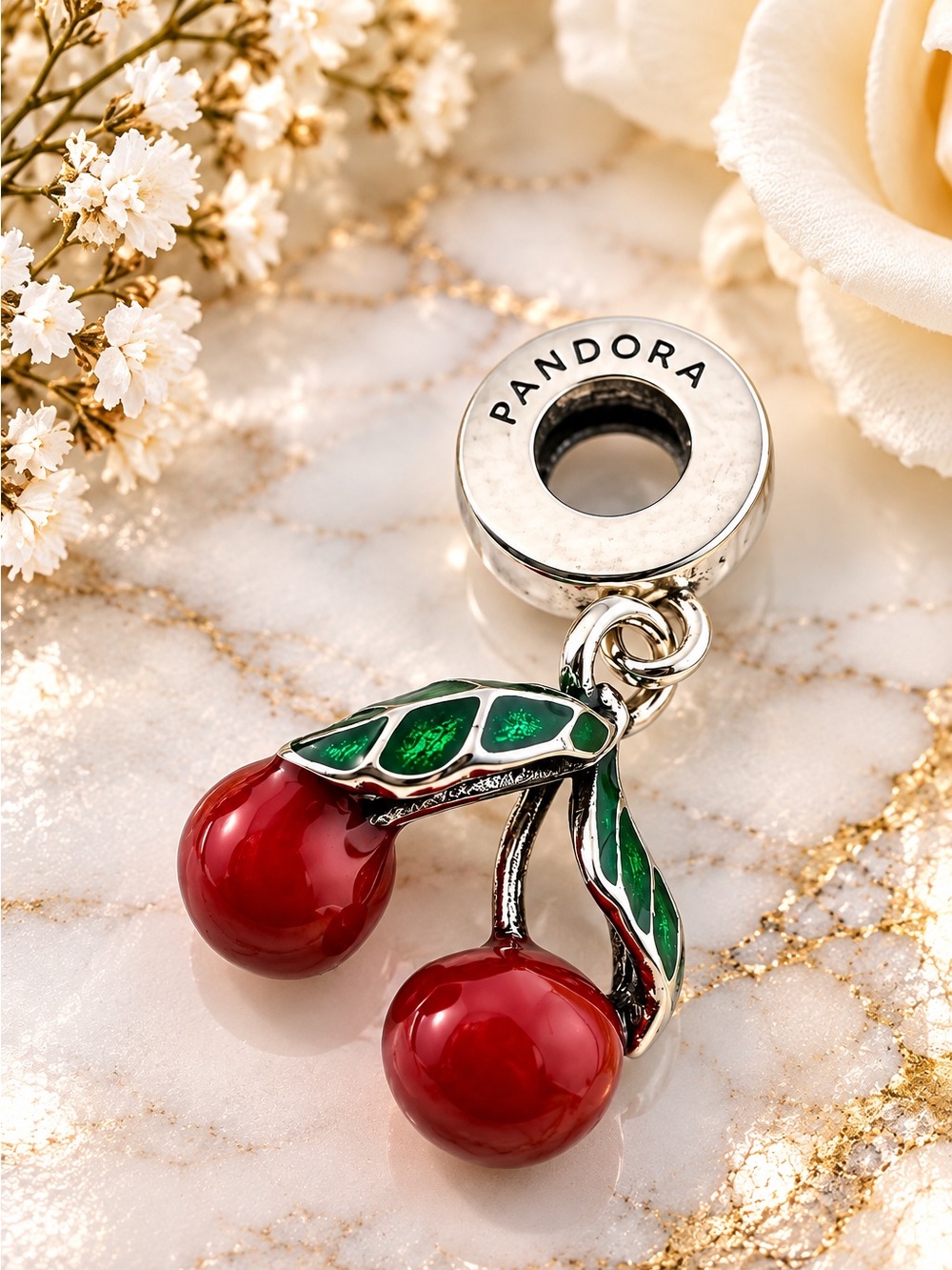 Pandora Red Cherry Charm with Green Enamel Leaves